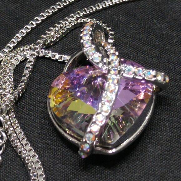 Crystal Pink Heart Pendant Necklace, Chain 18", AB Rhinestones, 18KGP, 18 Inch - Picture 8 of 8